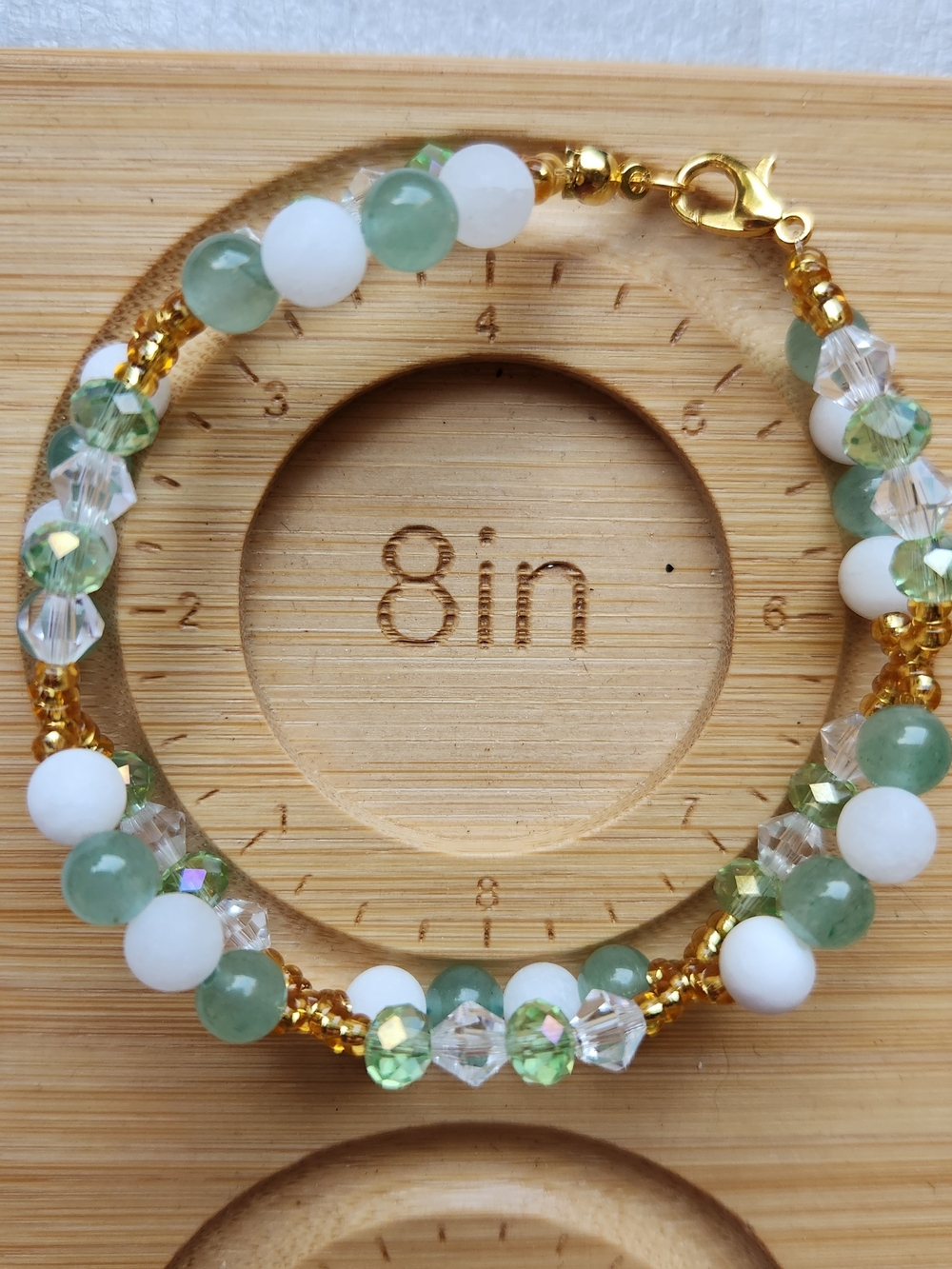 Hand Crafted Green Aventurine & White Jade Gold Beaded Stretch Bracelet - Picture 3 of 3